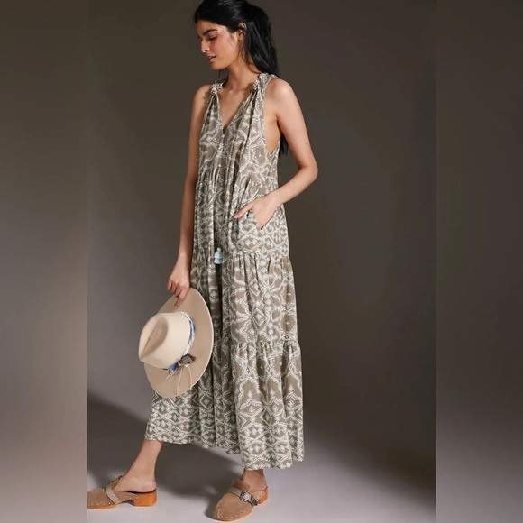 Omika Anthropologie Floral Ruffled Tunic Maxi Dress Sleeveless Tassels green - Picture 1 of 7